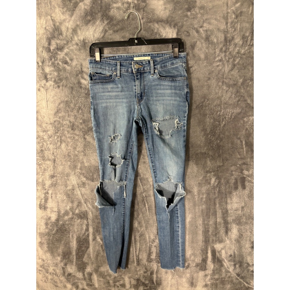 Levis 711 Skinny Jeans Medium Wash Distressed Raw Hem Denim Womens 29 Inseam
